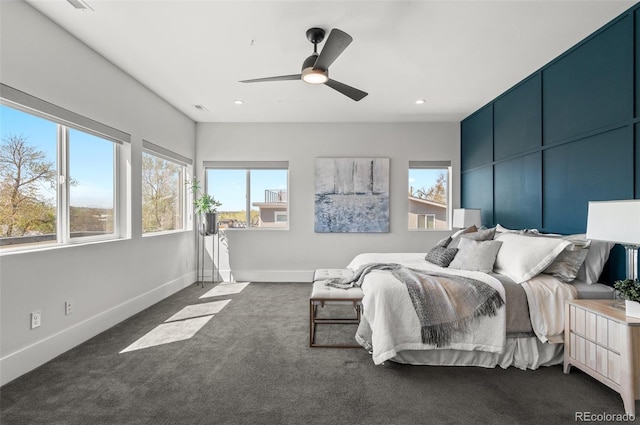 5240 N Raleigh St, Denver, CO 80212 - bedroom with recessed lighting, dark carpet, baseboards, and ceiling fan