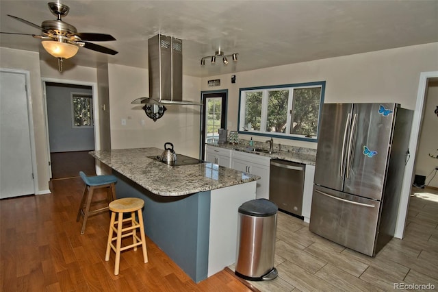 246 Baca Grant Way, Crestone, CO 81131 - kitchen with white cabinetry, light wood finished floors, stainless steel appliances, and island range hood