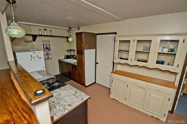 246 Baca Grant Way, Crestone, CO 81131 - kitchen featuring fridge, hanging light fixtures, and glass insert cabinets