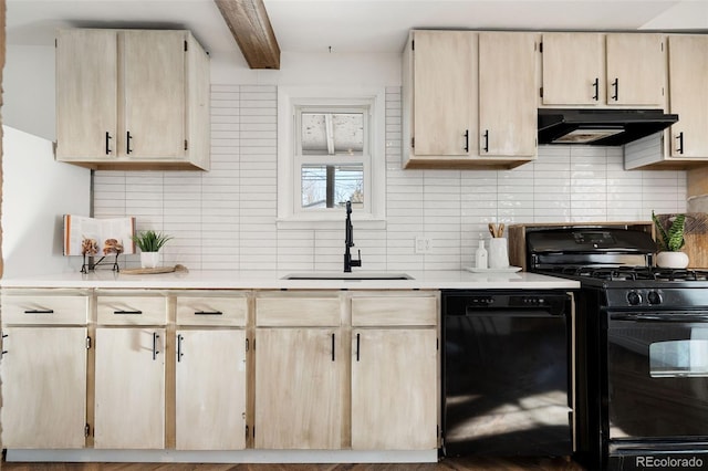 kitchen with black appliances, light brown cabinetry, sink, backsplash, and beam ceiling