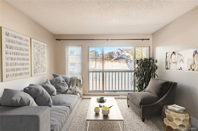 living room featuring a textured ceiling