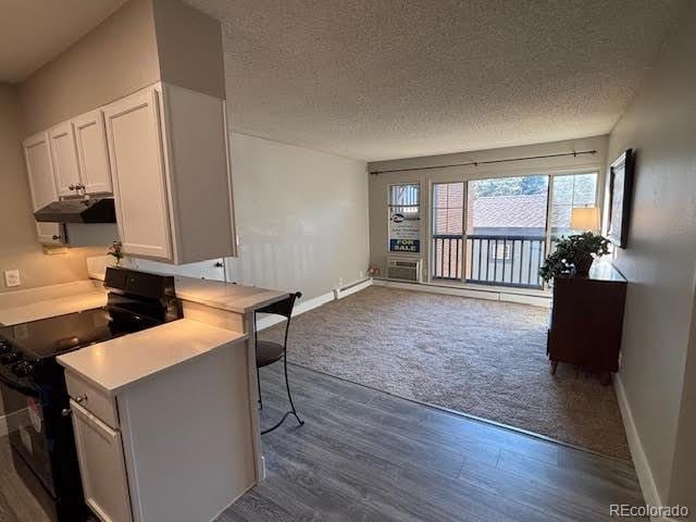 kitchen with white cabinetry, dark hardwood / wood-style floors, black range with electric stovetop, and a textured ceiling