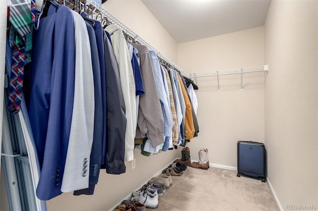 walk in closet featuring light colored carpet