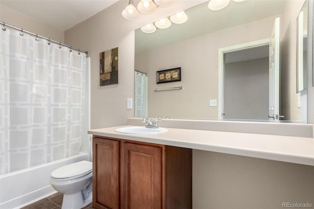 full bathroom with shower / bath combination with curtain, vanity, tile patterned floors, and toilet