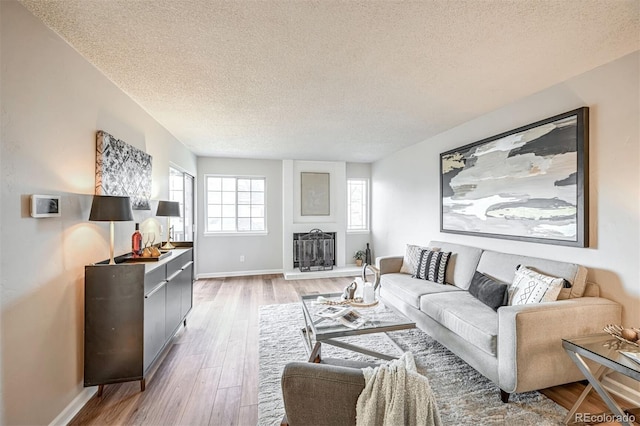 living room with a textured ceiling and hardwood / wood-style flooring