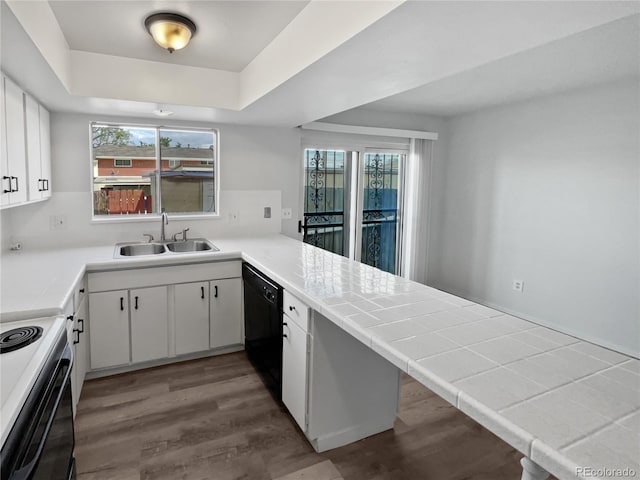 kitchen featuring sink, hardwood / wood-style flooring, a wealth of natural light, and tile countertops