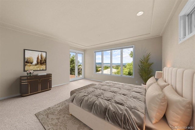 carpeted bedroom with ornamental molding and access to outside