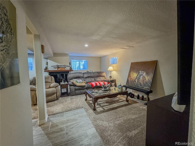 living room featuring a textured ceiling and carpet floors