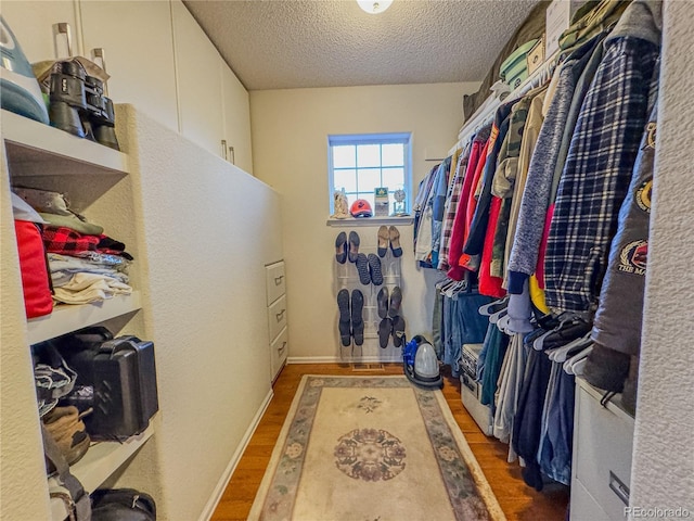 walk in closet with wood finished floors