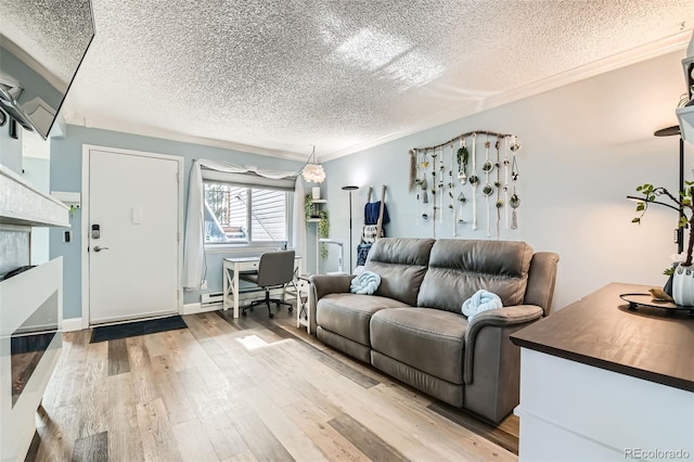 living room featuring ornamental molding, a textured ceiling, and light wood-type flooring