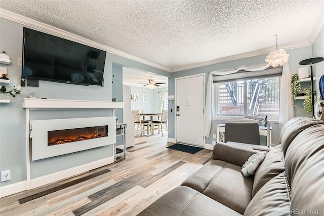 living room featuring ceiling fan, ornamental molding, light hardwood / wood-style flooring, and a textured ceiling