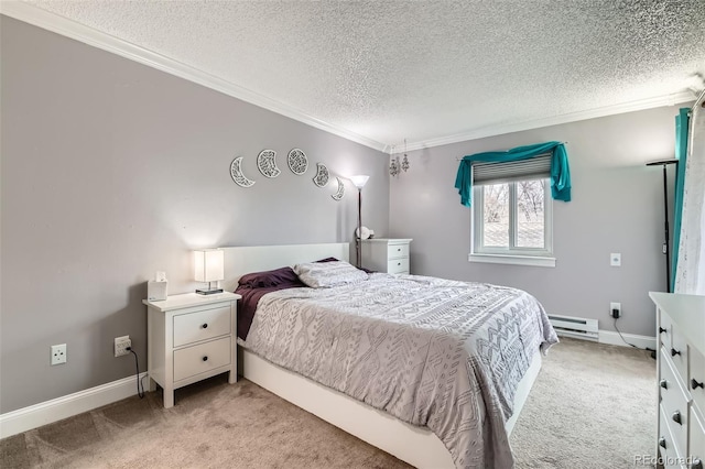 carpeted bedroom with a baseboard radiator, ornamental molding, and a textured ceiling