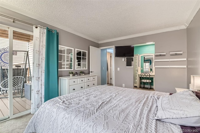 bedroom with crown molding, access to outside, light colored carpet, and a textured ceiling