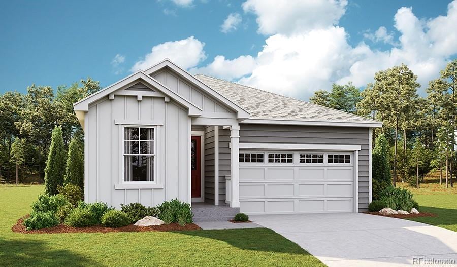 view of front of home featuring board and batten siding, driveway, a front yard, an attached garage, and a shingled roof