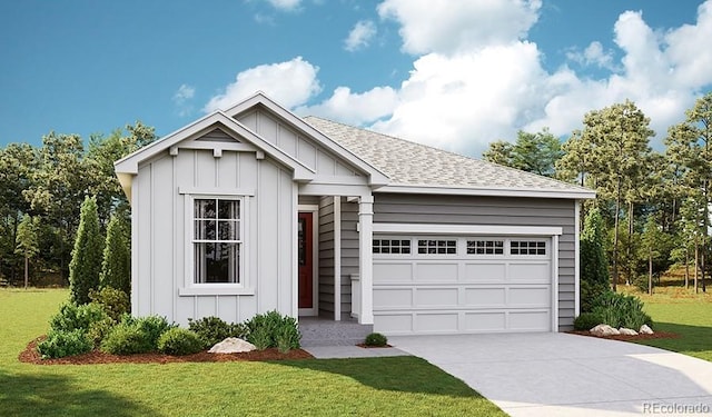 view of front of home featuring board and batten siding, driveway, a front yard, an attached garage, and a shingled roof