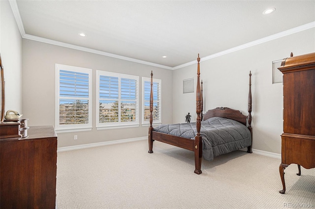 bedroom featuring crown molding, recessed lighting, baseboards, and light carpet