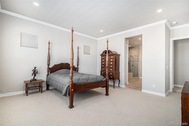 bedroom featuring recessed lighting, baseboards, light colored carpet, and ornamental molding