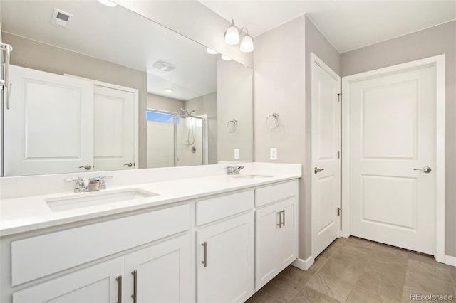 4209 Fox Grove Dr, Fort Collins, CO 80524 - bathroom featuring a stall shower, double vanity, and baseboards