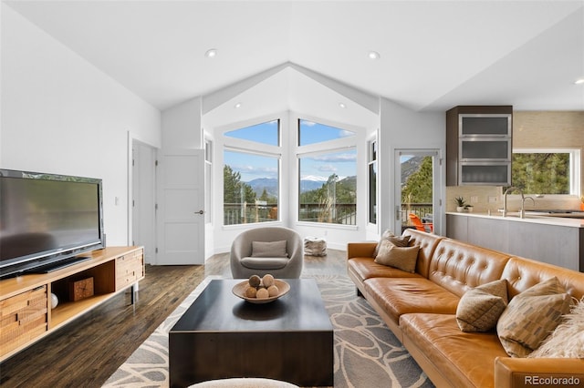living area with wood finished floors, vaulted ceiling, and recessed lighting