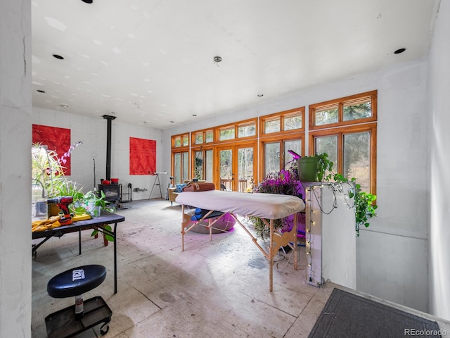 playroom featuring french doors and a wood stove