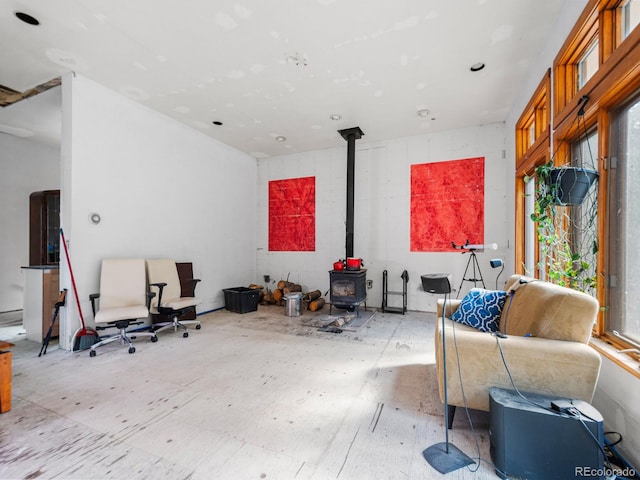 living room featuring a wood stove and a healthy amount of sunlight