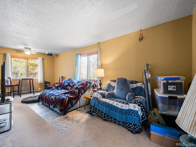 bedroom featuring a textured ceiling, carpet, and multiple windows