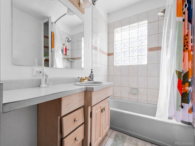 bathroom with vanity, shower / bath combo, and tile patterned floors