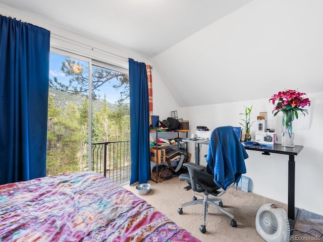 carpeted bedroom with lofted ceiling and access to outside