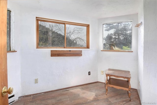 spare room with a baseboard heating unit and wood finished floors