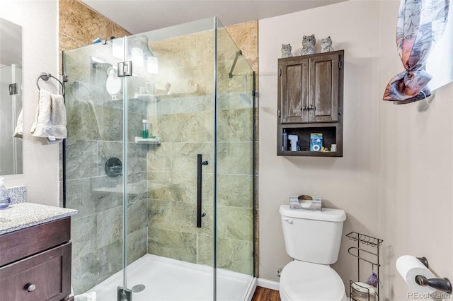 bathroom with vanity, an enclosed shower, and toilet