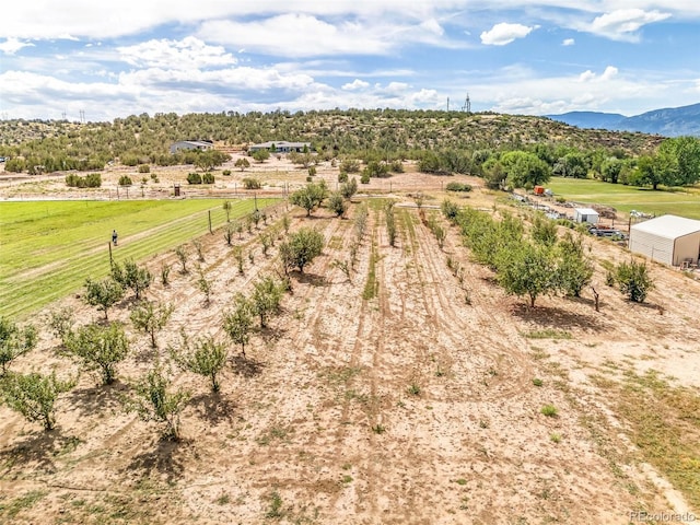 birds eye view of property with a mountain view and a rural view