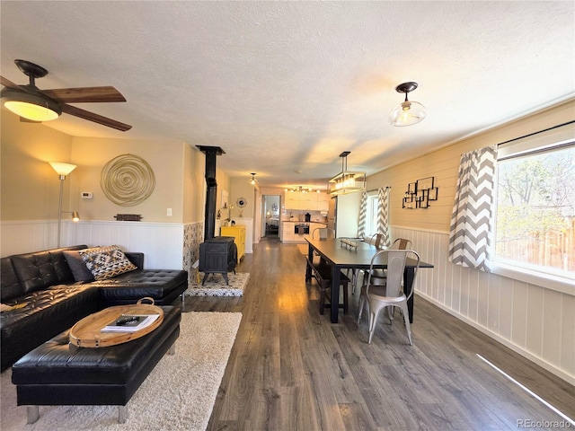313 W Arkansas St, Buena Vista, CO 81211 - dining area with a wood stove, dark wood-type flooring, wainscoting, a textured ceiling, and ceiling fan