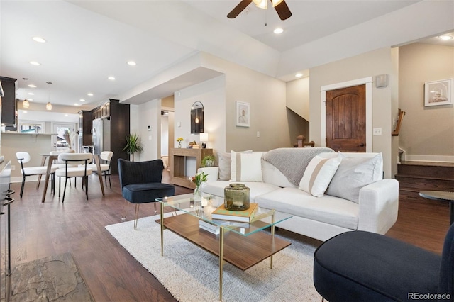815 S Gaylord St, Denver, CO 80209 - living room featuring wood finished floors, a ceiling fan, stairs, and recessed lighting