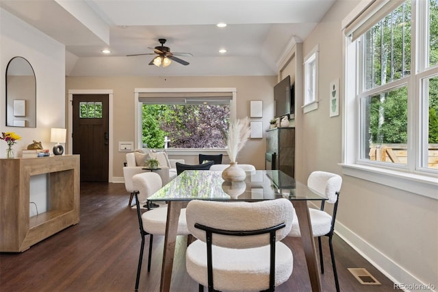 815 S Gaylord St, Denver, CO 80209 - dining room with dark wood-type flooring, ceiling fan, and recessed lighting
