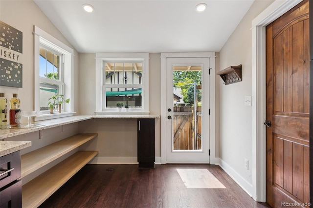 815 S Gaylord St, Denver, CO 80209 - doorway to outside featuring dark wood-style floors, vaulted ceiling, and recessed lighting