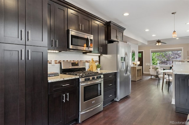815 S Gaylord St, Denver, CO 80209 - kitchen featuring appliances with stainless steel finishes, backsplash, dark wood-style floors, recessed lighting, and a ceiling fan