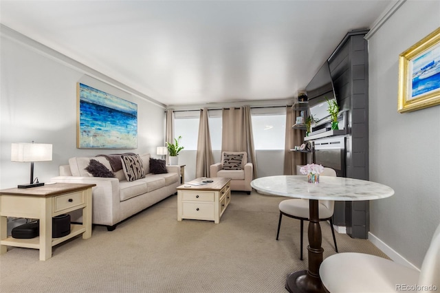 living room with light colored carpet