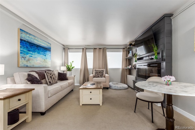 living room featuring light colored carpet