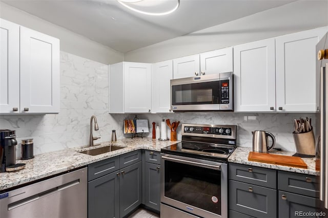 kitchen featuring backsplash, appliances with stainless steel finishes, sink, and white cabinetry