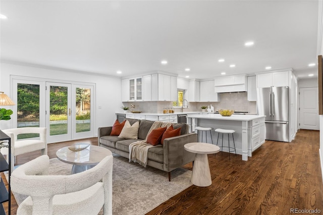 living room with dark hardwood / wood-style floors and sink