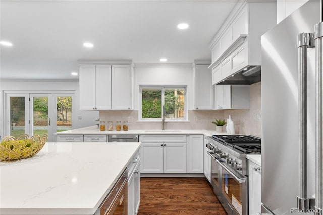 kitchen featuring sink, white cabinetry, tasteful backsplash, high quality appliances, and dark hardwood / wood-style flooring