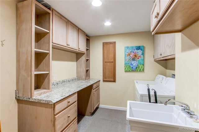 6687 Devinney Ct, Arvada, CO 80004 - washroom with cabinet space, baseboards, washer and dryer, recessed lighting, and light colored carpet