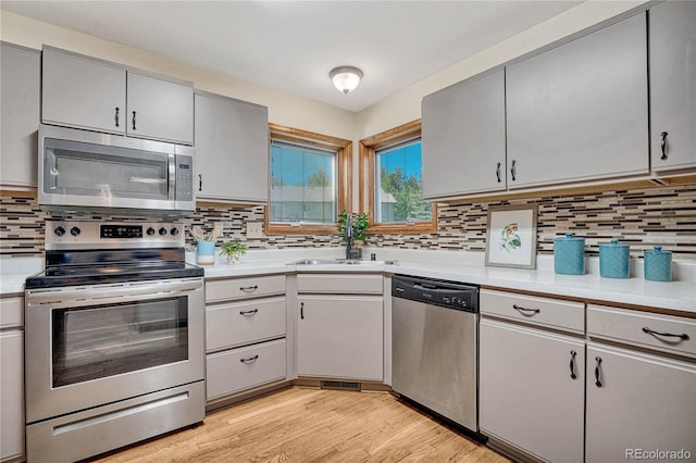 kitchen with appliances with stainless steel finishes, light wood-type flooring, backsplash, and sink