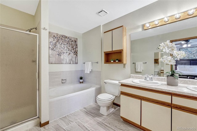 full bathroom with toilet, shower with separate bathtub, ceiling fan, and vanity