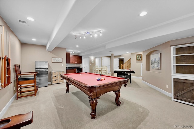 recreation room with beam ceiling, pool table, track lighting, and light colored carpet