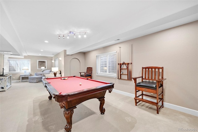 rec room with track lighting, pool table, and light carpet