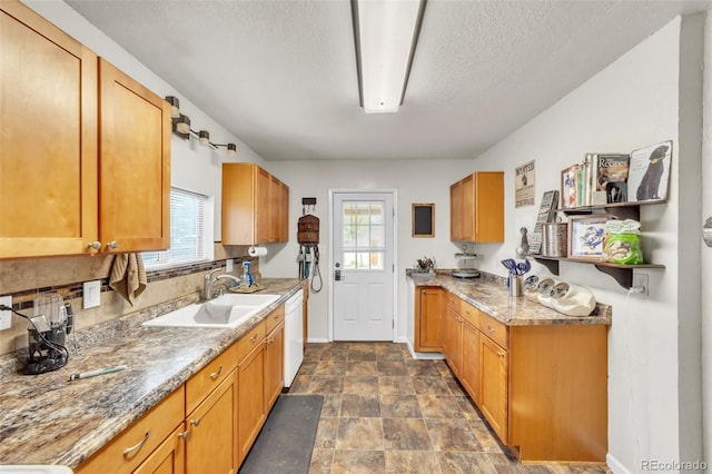 313 E Grant Ave, Fowler, CO 81039 - kitchen featuring a sink, plenty of natural light, white dishwasher, baseboards, and a textured ceiling