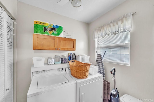 313 E Grant Ave, Fowler, CO 81039 - laundry area featuring separate washer and dryer, cabinet space, and ceiling fan