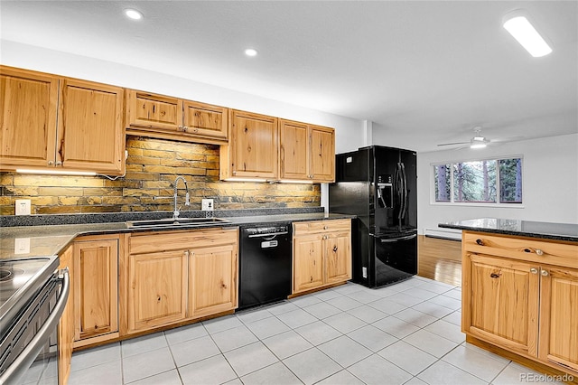 26752 Vosler St, Conifer, CO 80433 - kitchen with black appliances, a sink, tasteful backsplash, light tile patterned floors, and ceiling fan