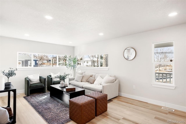 living room with light hardwood / wood-style floors and a textured ceiling